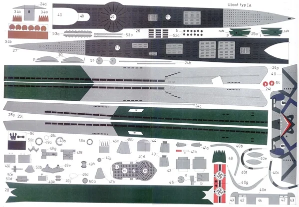 Военная военно-морская Боевая Бумажная модель Летающая модель немецкие подводные лодки IA и XB