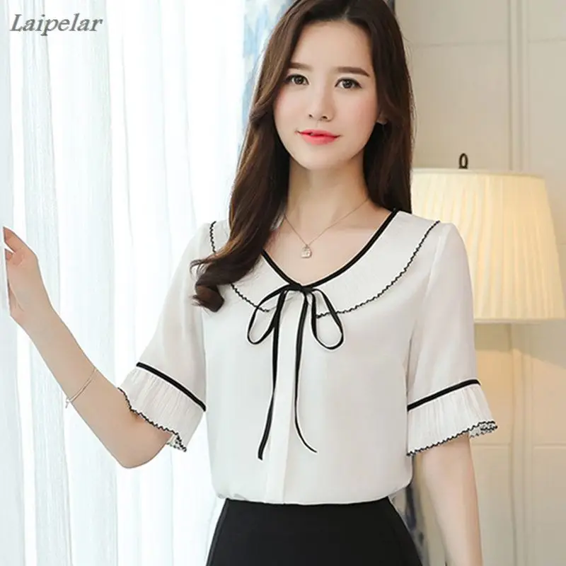 

New Summer Women Blouses 2018 Bow Loose Chiffon Short Sleeve White Blouse Shirt Casual Plus Size Ladies Tops Blusa Feminina