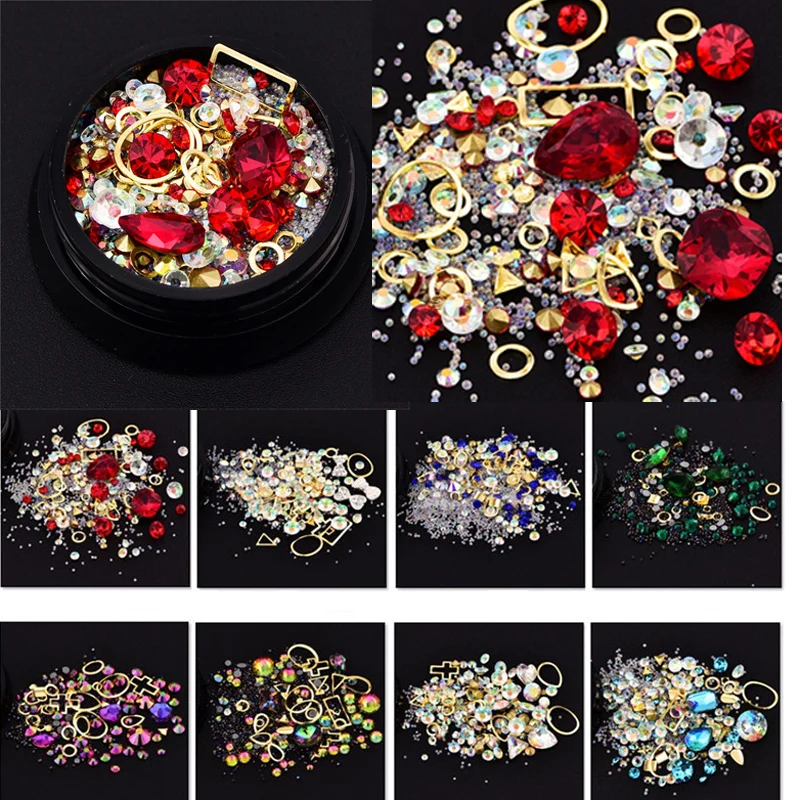 1 Box Mixed Nail Design Colorful Micro Beads and Gemstone Circle 3D Art Glitter Crystal AB Non Hotfix Diamond Rhinestones | Красота и