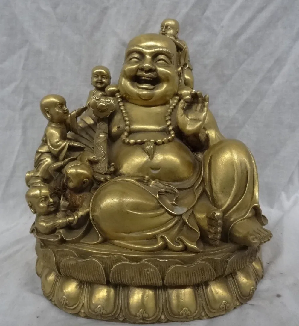 

002630 11" Chinese Pure Brass 5 Kid Child Lotus RuYi Happy Laugh Maitreya Buddha Statue