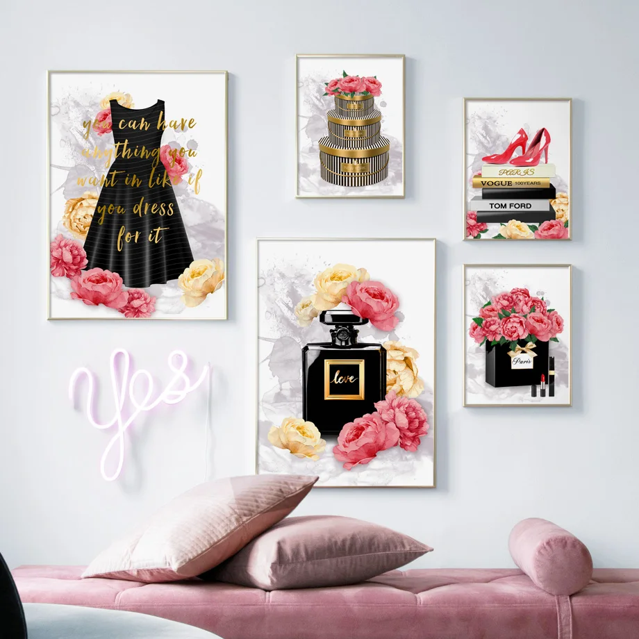 

Peony Flower Dress Paris Perfume Lipstick Wall Art Canvas Painting Nordic Posters And Prints Wall Pictures For Living Room Decor