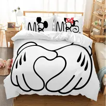 Juego de cama de Mickey Minnie de dibujos animados de Disney, conjunto de ropa de cama tamaño king de pareja adorable, funda nórdica para niños, fundas de almohada