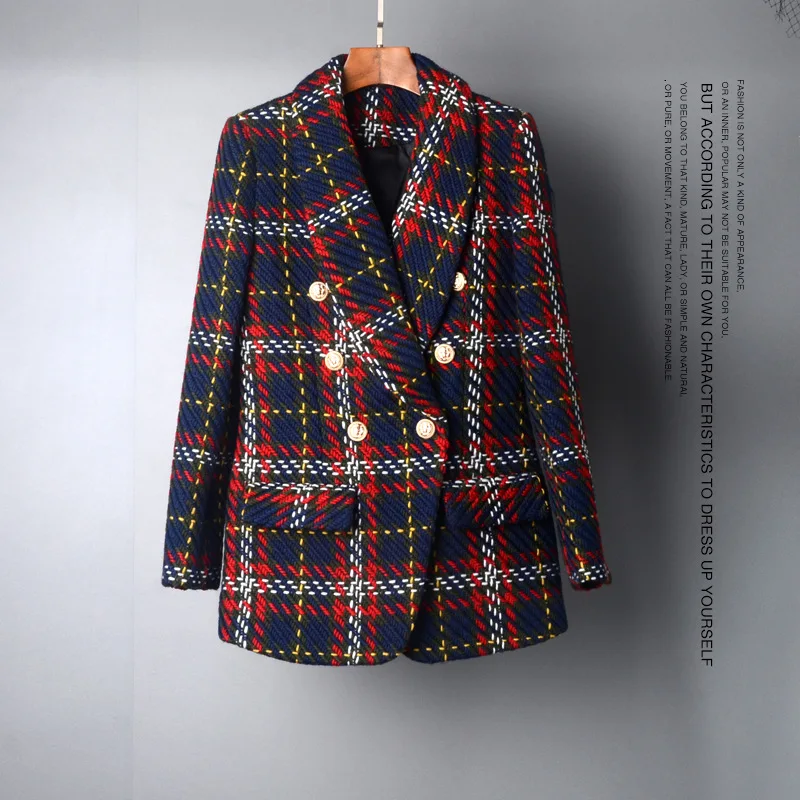 Brand 2018 New Autumn Winter Runway Designer Plaid Jacket Women's Lapel Double Breasted Metal Buttons Tweed Wool Coat Outerwear | Женская