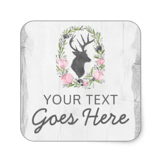 

3.8cm Deer Silhouette Floral Wreath Cameo on Rustic Wood Square Sticker