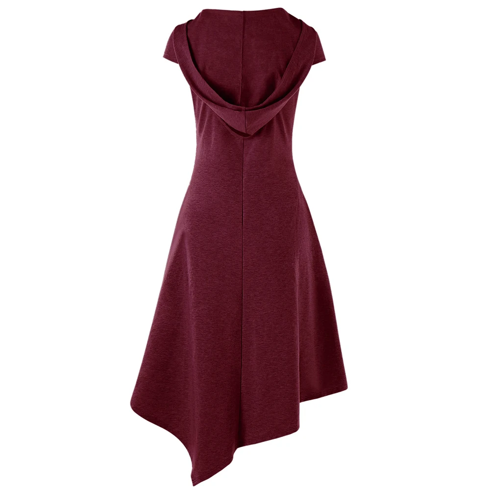 VESTLINDA Asymmetrical Hooded Cut Out Midi Dress Women Dress Summer Hooded Short Sleeves Solid Colors Dresses Vestido De Festa 14