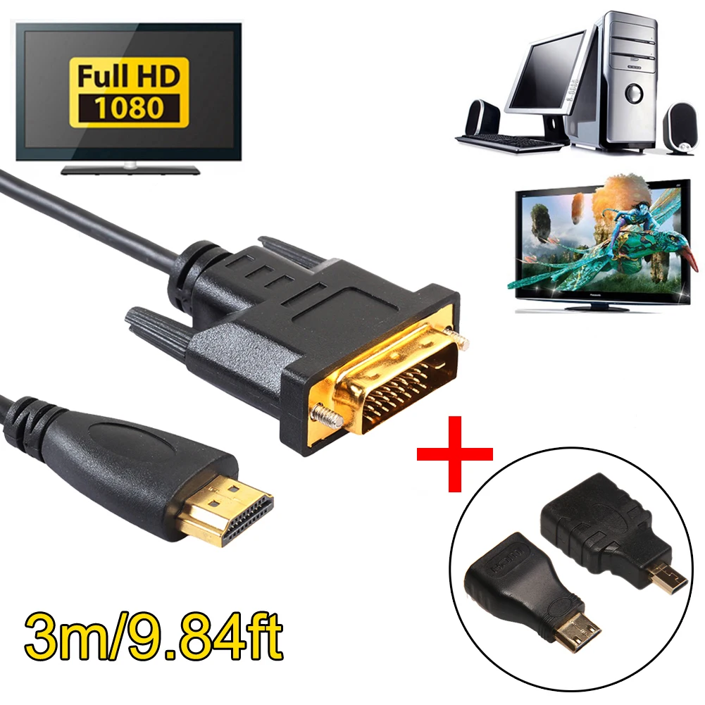 1 м/1,8 м/3 м/5 м HDMI к DVI m/m Мужской монитор для мужчин кабель дисплея с микро HDMI мини-конвертер HDMI