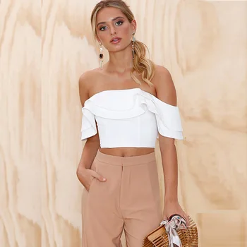 

Summer New Women's Sexy Fashion Short Shoulder Strapless Lotus 2019 Leaf Short Sleeve Solid Color Top Women T-shirt Red