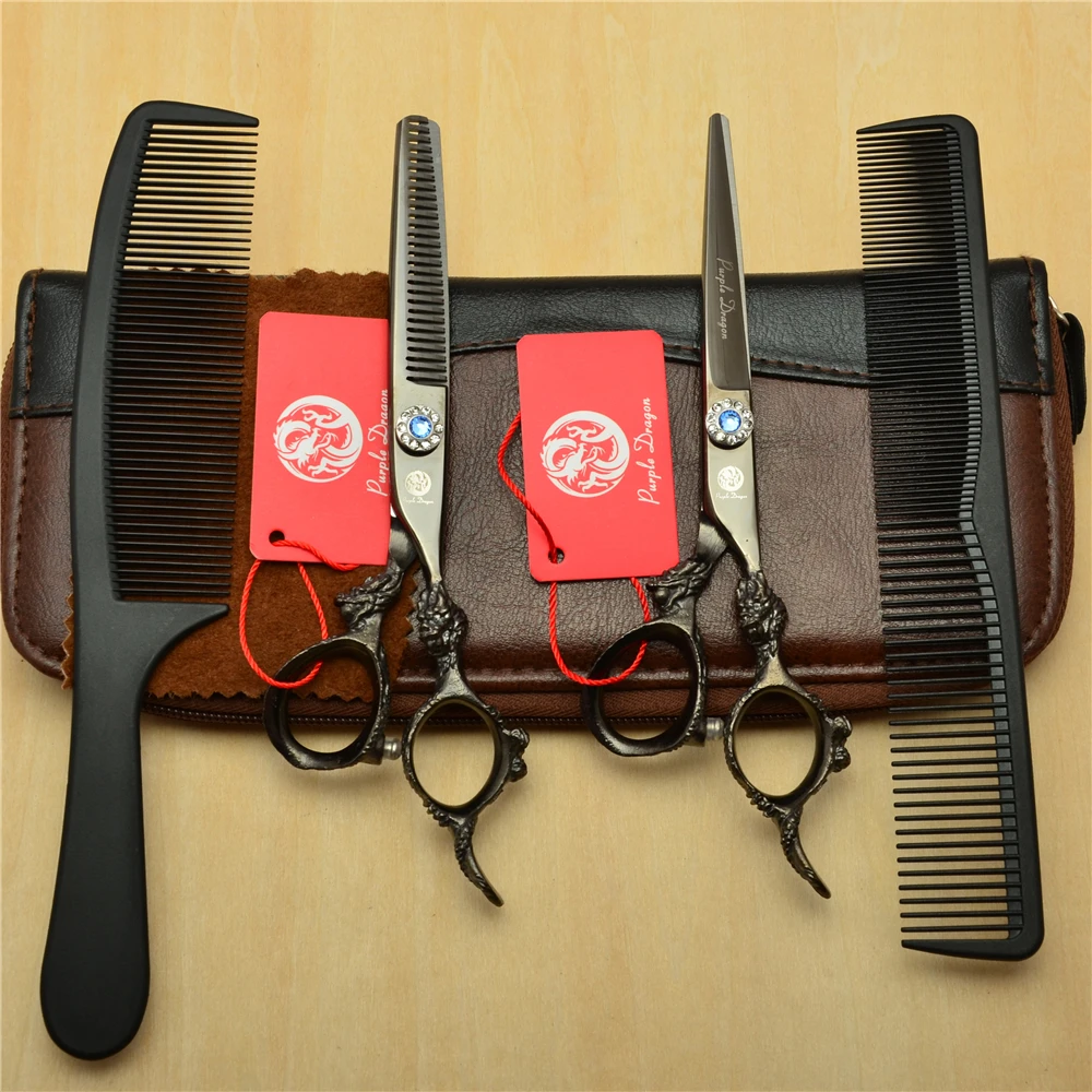 

4Pcs/Set 6'' Black 440C Professional Human Hair Hairdressing Scissors Combs + Cutting + Thinning Shears Big Dragon Handle H9004