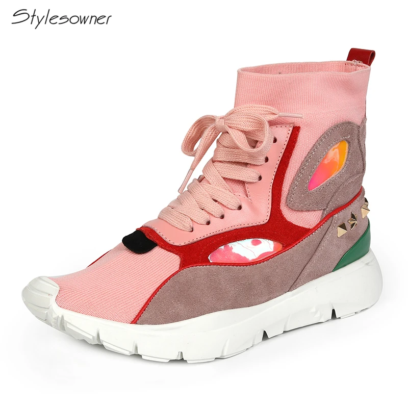 

Stylesowner Platform Rivets Mixed Color Elastic Ankle Boots Casual Tenis Feminino Casual Boots Student Breathable Socks ShoesHot