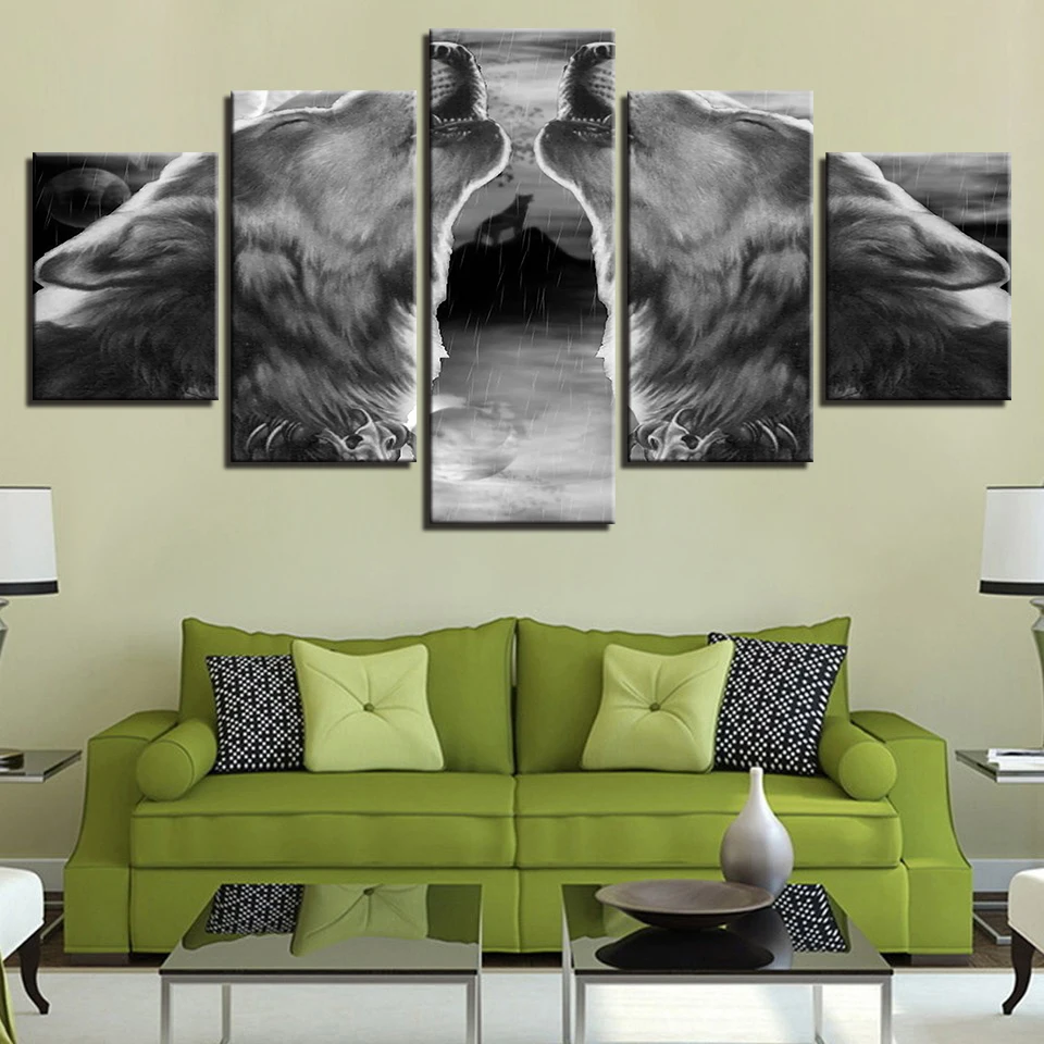 Canvas HD Prints Poster Home Decor Wall Art Framework 5 Piece Abstract Gray Black Wolf Howl Painting Living Room Animal Pictures