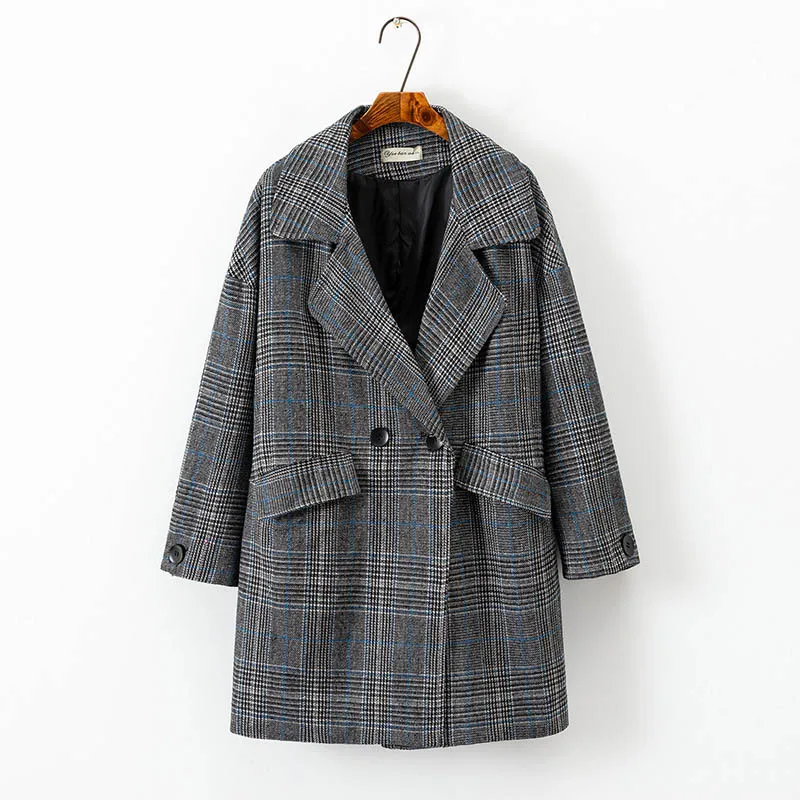 GEMUTLICH, Женская винтажная Клетчатая Шерстяная Куртка, элегантная Осенняя зимняя верхняя одежда, Свободное пальто, больше размера 3XL 5XL - Цвет: Grey