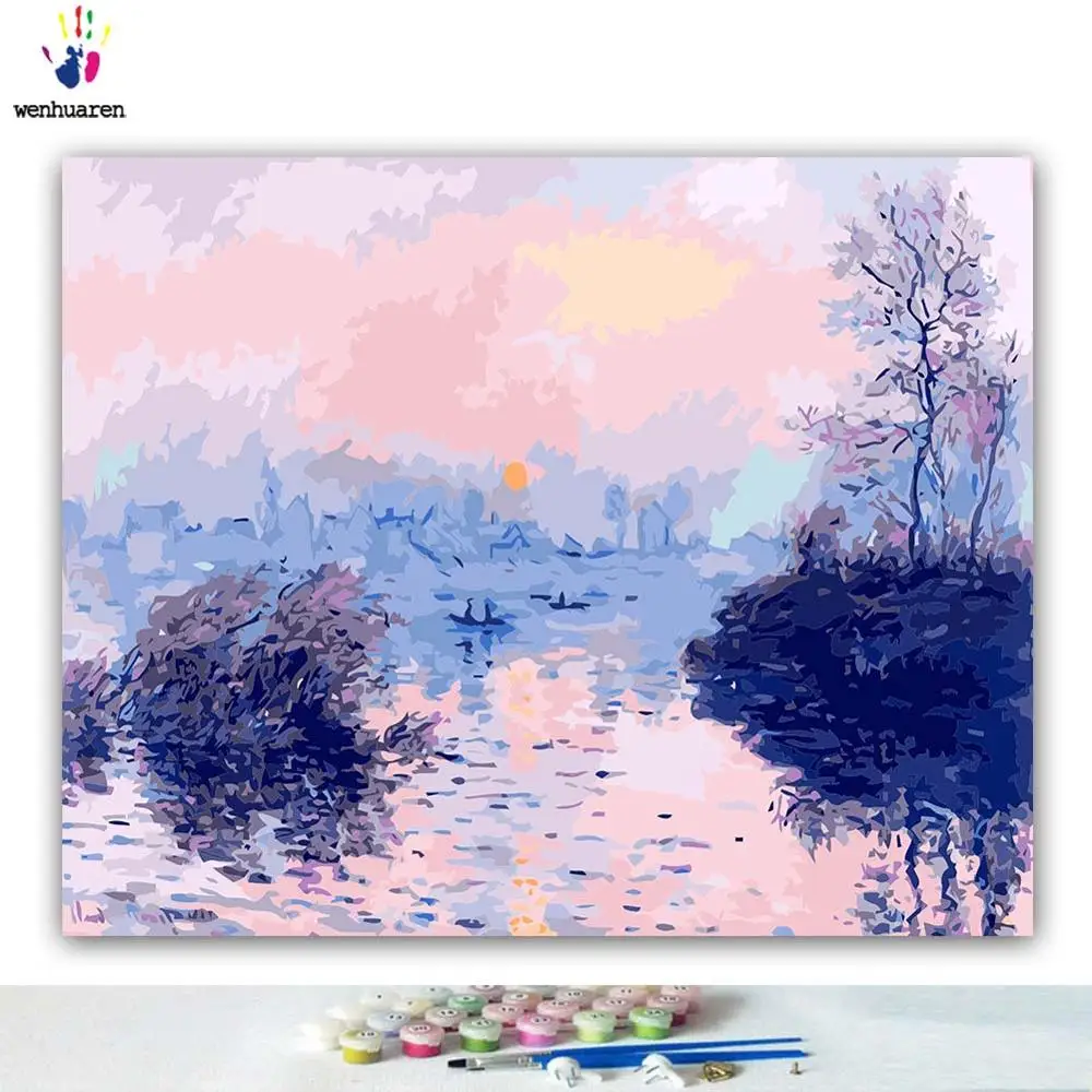 DIY картинки для раскраски по номерам с цветами закат на Monesena изображение реки Рисунок Живопись по номерам в рамке дома - Цвет: 3337
