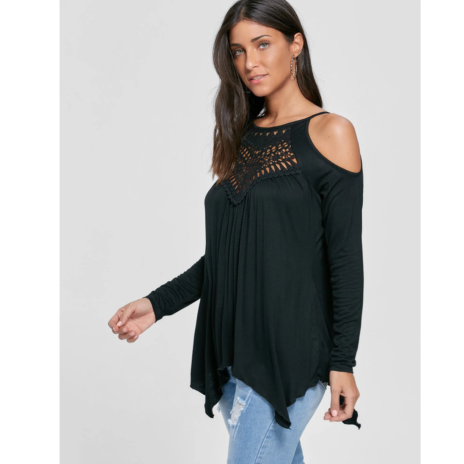  Women's Clothes Fashion Casual Cold Shoulder Handkerchief Irregular Tops Casual Tops for WomenTops 