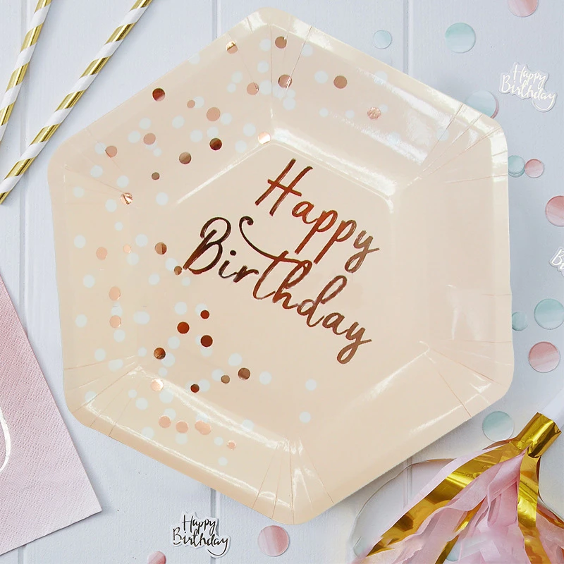 

Rose Gold Disposable Tableware Paper Tray Cups Towel Happy Birthday Decoration Disposable Tableware For Birthday Party ASD109