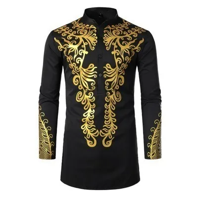 Мусульманская Блузка модные рубашки бронзового цвета Talit Новинка Позолоченные рубашки ислам Досуг пуловер с длинным рукавом Moslim кафтан одежда для мужчин - Цвет: black Islam Shirt