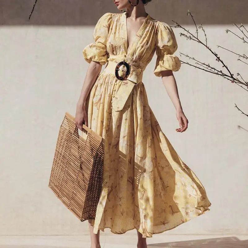 

HAMALIEL New 2019 Summer Single-breasted Chiffon Dress Fashion Women Print Floral Yellow Sashes Long Dress Slim Holiday Dress