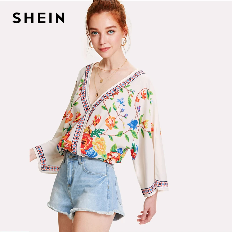 SHEIN Цветочный Топ Летние Цветочные Блузы С V-образным Вырезом С Длинным Рукавом