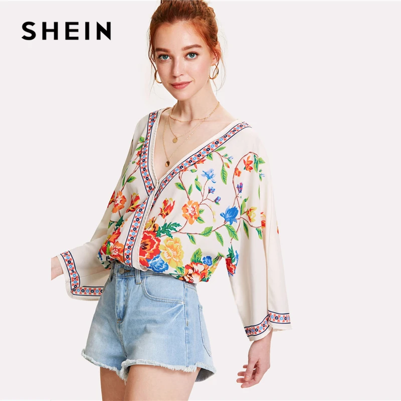SHEIN Цветочный Топ 2019 Летние Цветочные Блузы С V образным Вырезом Длинным