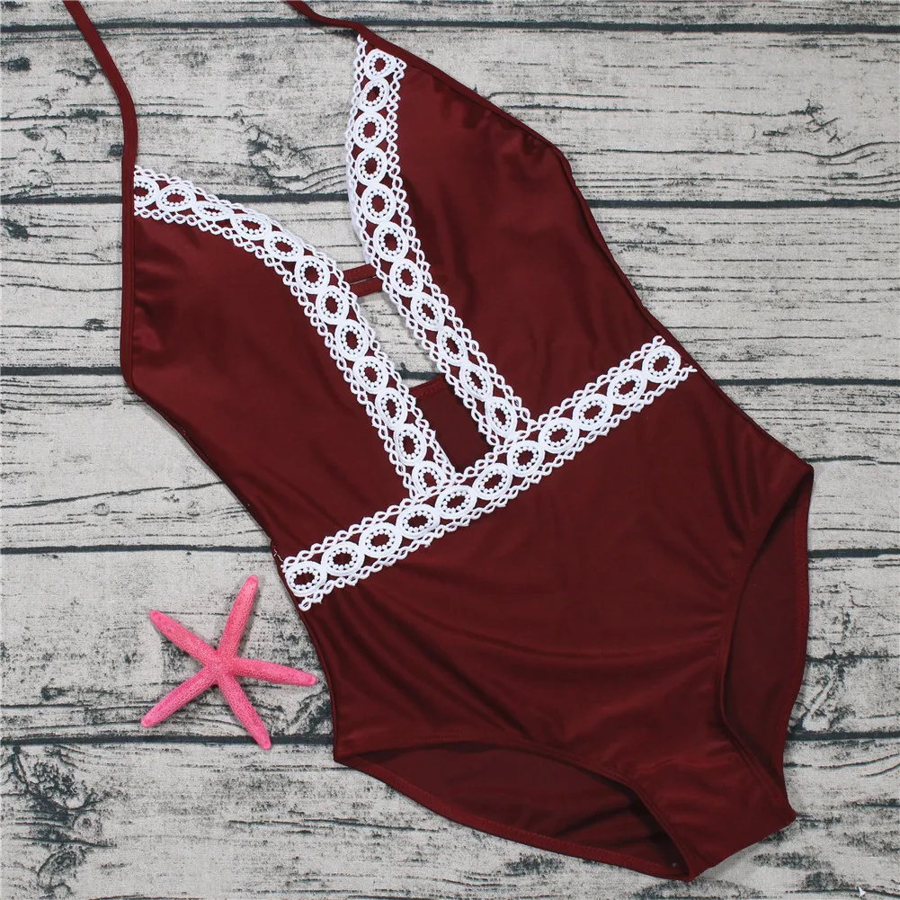 

MSSNNG Solid Color Lace Stripe Backless Swimsuit Bikini Bathing Suit Swimwear
