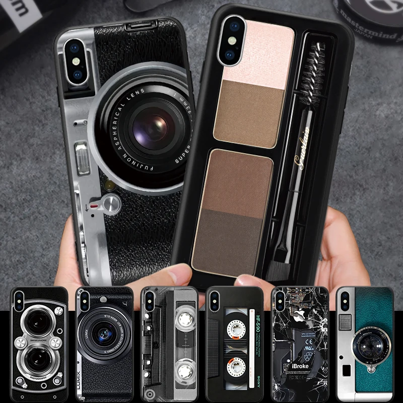 

For IPhone 5 5S SE 6 6S 7 8 Plus X XR XS Max Black Hard Phone Case 3D Feeling Cosmetic Case Camera Lens Pattern Back Cover
