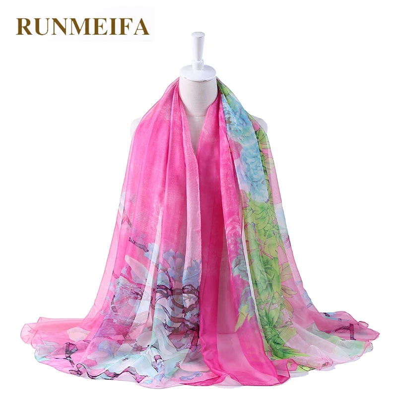 Runmeifa Бесплатная Доставка Мода шифон шарф Для женщин Летний Тонкий шифон с цветочным принтом Обёрточная бумага Шелковый шарф платок