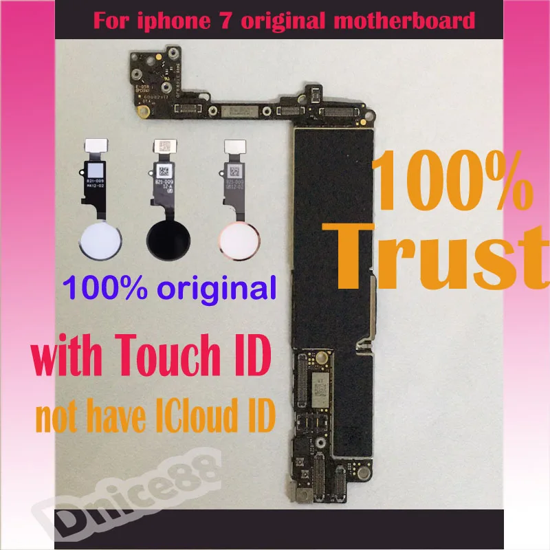 

For moblie iphone 7 4.7 original motherboard,the memory is 32GB,good quality and unlocked,with touch id,no have icloud id.
