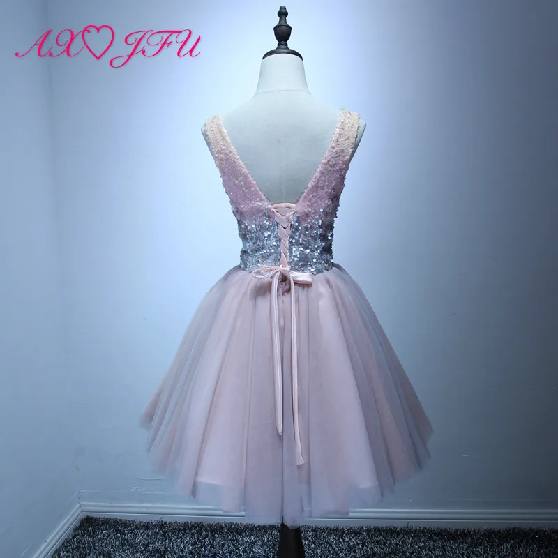AXJFU Розовое Кружевное Вечернее Платье Блестки с v-образным вырезом Короткое вечернее платье принцессы винтажное блестящее кружевное короткое вечернее платье