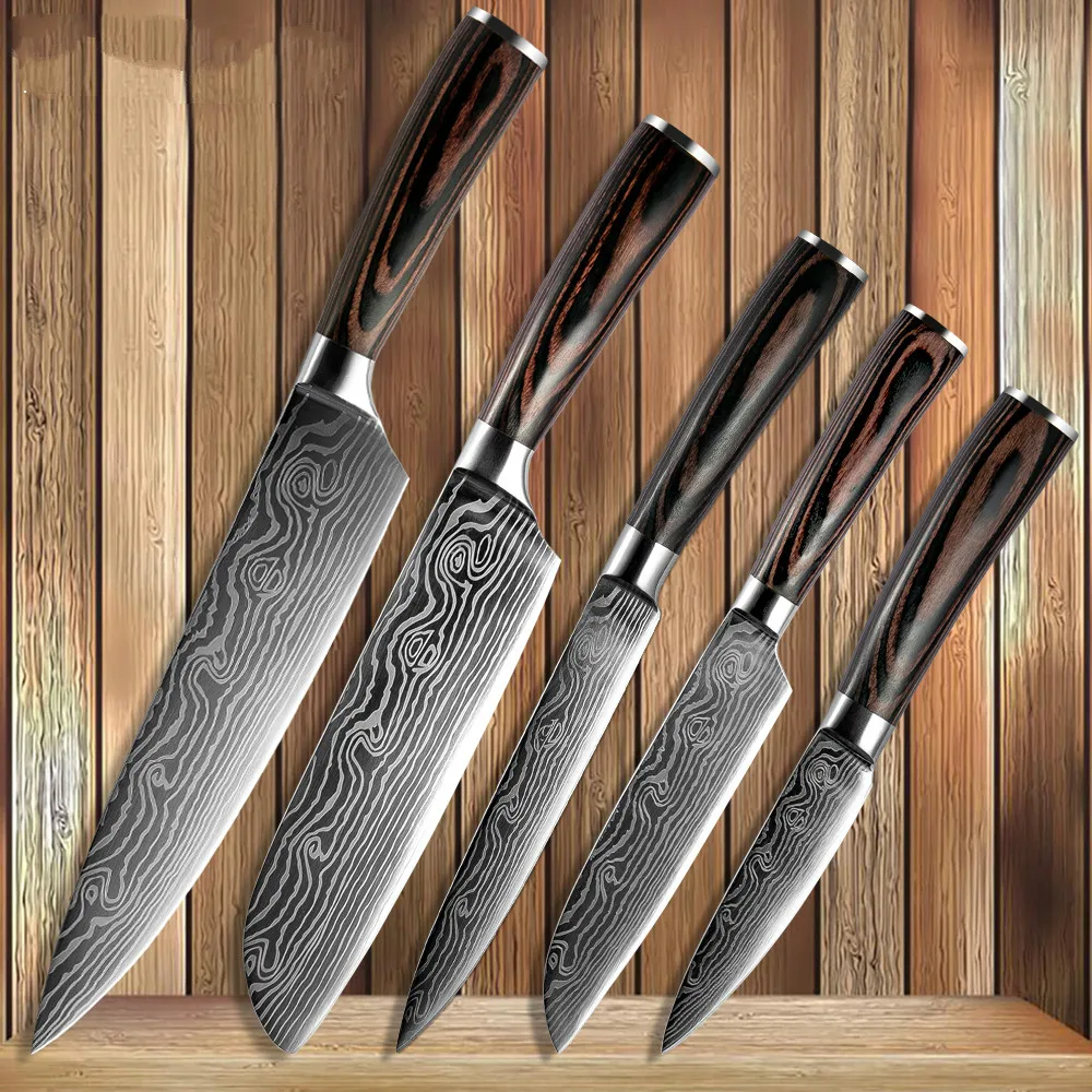 

Kitchen Knives Damascus Veins Stainless Steel Knives Color Wood Handle Paring Utility Santoku Slicing Chef Cooking Knife