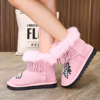 

Princess Snow Boots Kids Suede Leather Plush Fur Tassel Rivet Fashion Winter Boots Size 26-37 Pink Black Cute Slip-On Shoes