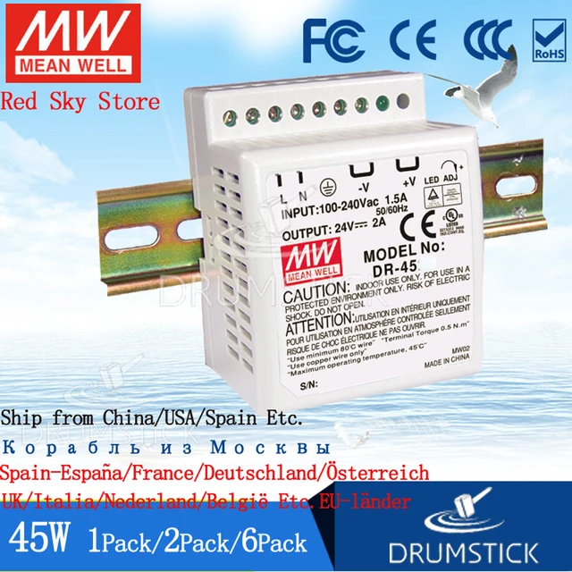 (2PACK) Meanwell 45W DIN Rail Power Supply DR-4524/5/12/15 2A 2.8/3.5/5A Home/Industrial Control System Building Automation