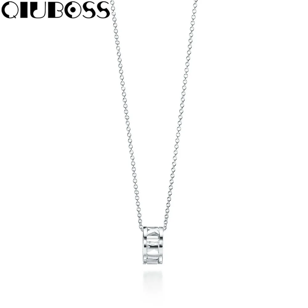 

QIUBOSS S925 TiffanySilver Atlas Open Pendant hollow Roman Numerals 925 Sterling Silver Necklace Female
