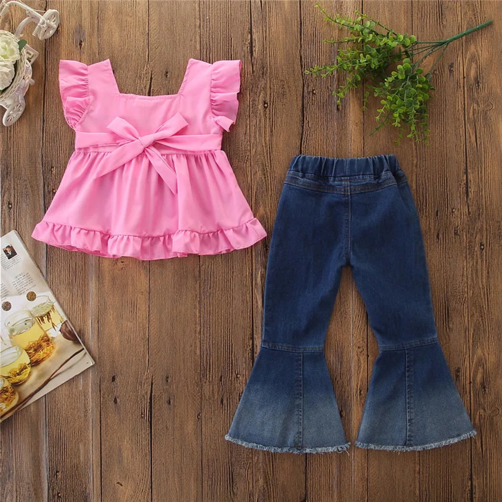 

2019 Summer Cute Toddler Kids Baby Girls Outfits Clothes Lace Solid Sleeveless T-Shirt Top+Denim Flare Pants Clothing Set