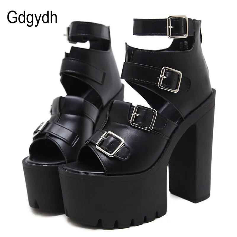 

Gdgydh Fashion Buckle Super High Heels Women Sandals 2019 Summer Peep Toe Female Platform Shoes Solid Black Leather Chunky Heel