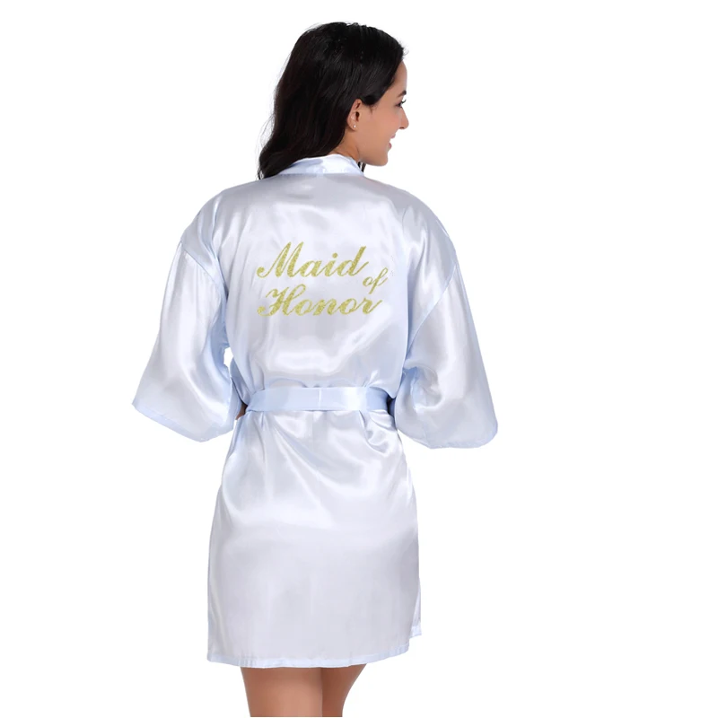 Women bride maid of honor letter golden glitter print kimono robes faux silk bachelorette wedding preparewear bridal party robes