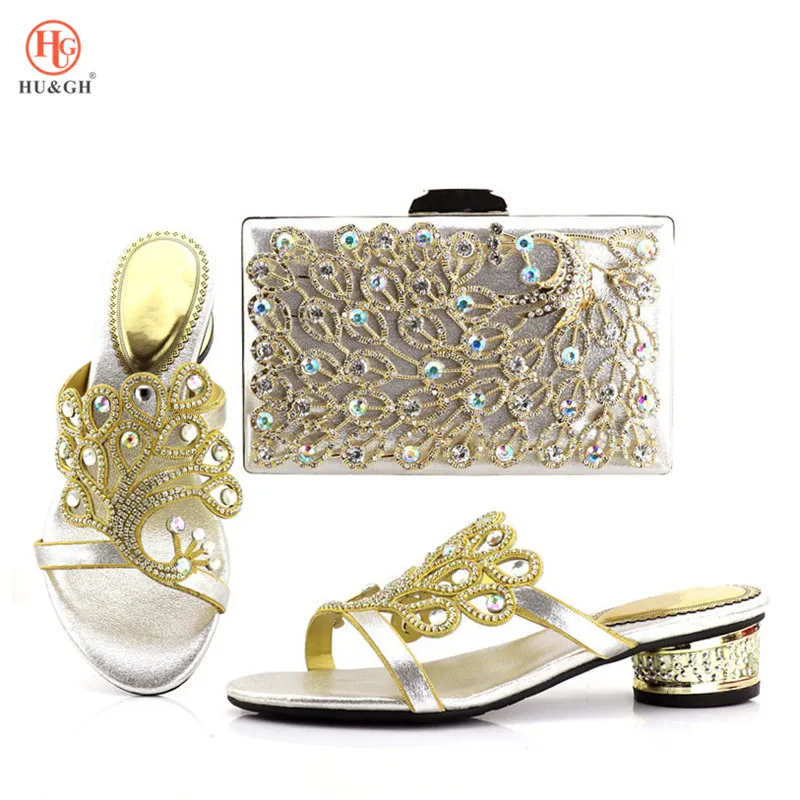 

African Shoes and Bag Sets 2018 New Arrival Silver Color Shoes and Bag Set Decorated with Rhinestone Nigerian Party Shoe and Bag