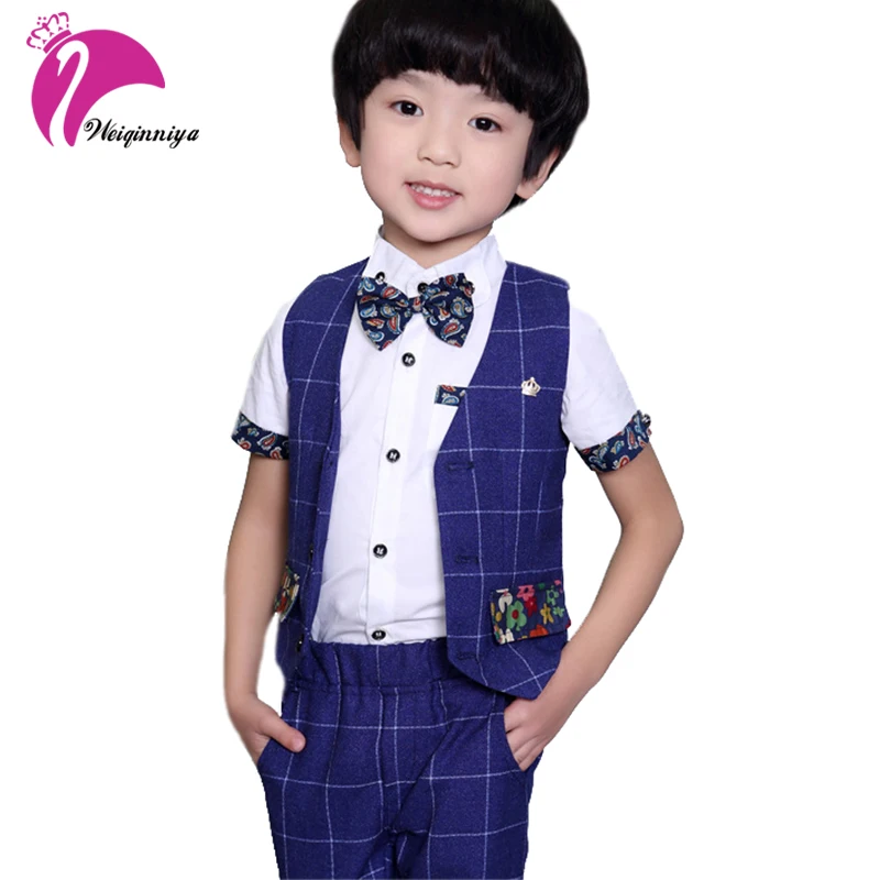 

Boys Formal Clothing Sets Blue Plaid Short Sleeves Summer Wedding Clothes Kids Gentleman Leisure Handsome Suits Child Costume