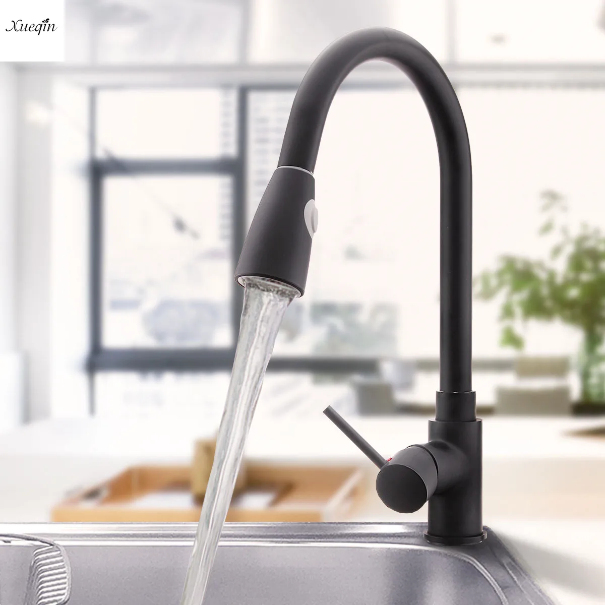 

Black Kitchen Sink Basin Vanity 360Rotation Pull Out Faucet Spout Mixer Tap Single Lever Handle Dual Spray Control Cold And Hot