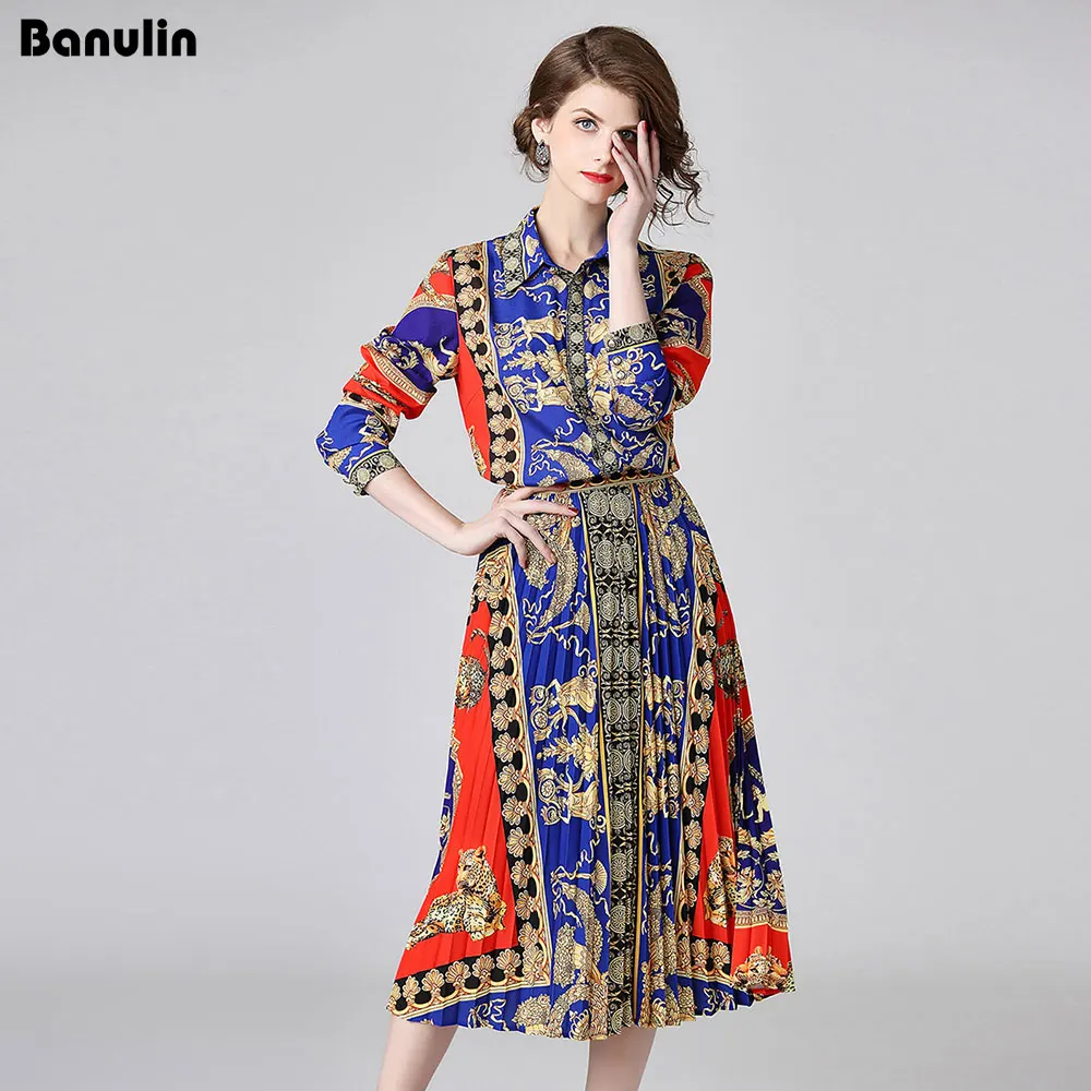

New Fashion Runway 2018 Designer Suit Set Women's print Turn-down Collar blouse +print Pleated Half Skirt Runway Clothes Set