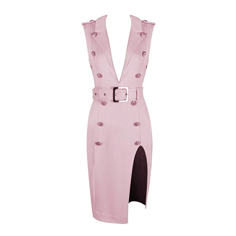 2017-New-Summer-Women-Suede-Dress-pink-gray-Dresses-Sexy-Studded-Button-Deep-V-Neck-Celebrity - 