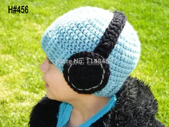 

Fashion Style Handmade Crochet baby Boy Blue hat with Black Headset Leisure hat,Knitted Beanie for photo Props or School Hat
