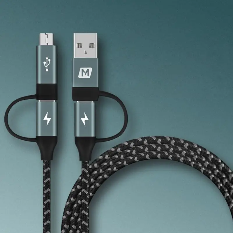 

60W 3A Nylon Braided 4 in 1 Multiple USB + Type C to USB C + Micro USB Fast Charge Adapter Data Cable Cord for Samsung Huawei