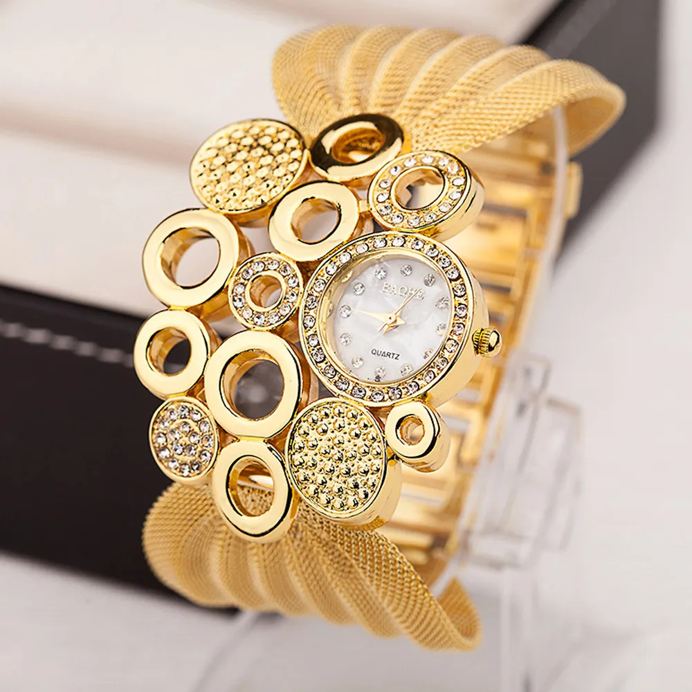 Хит Новое поступление Роскошные женские круглые полностью бриллиантовые часы-браслет Аналоговые кварцевые наручные часы-браслет