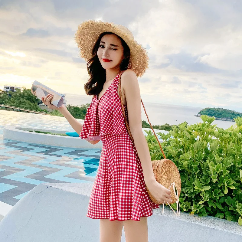 Swimsuit women's dress plaid swimsuit large size conservative spa swimsuit