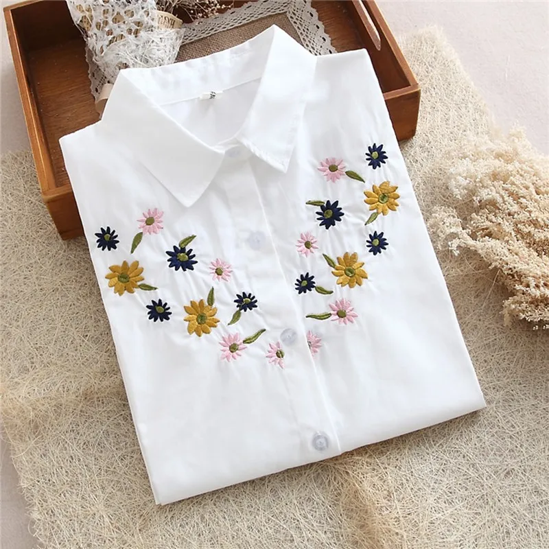 New Autumn Women shirt Floral Embroidery Long Sleeve Work Shirts Women