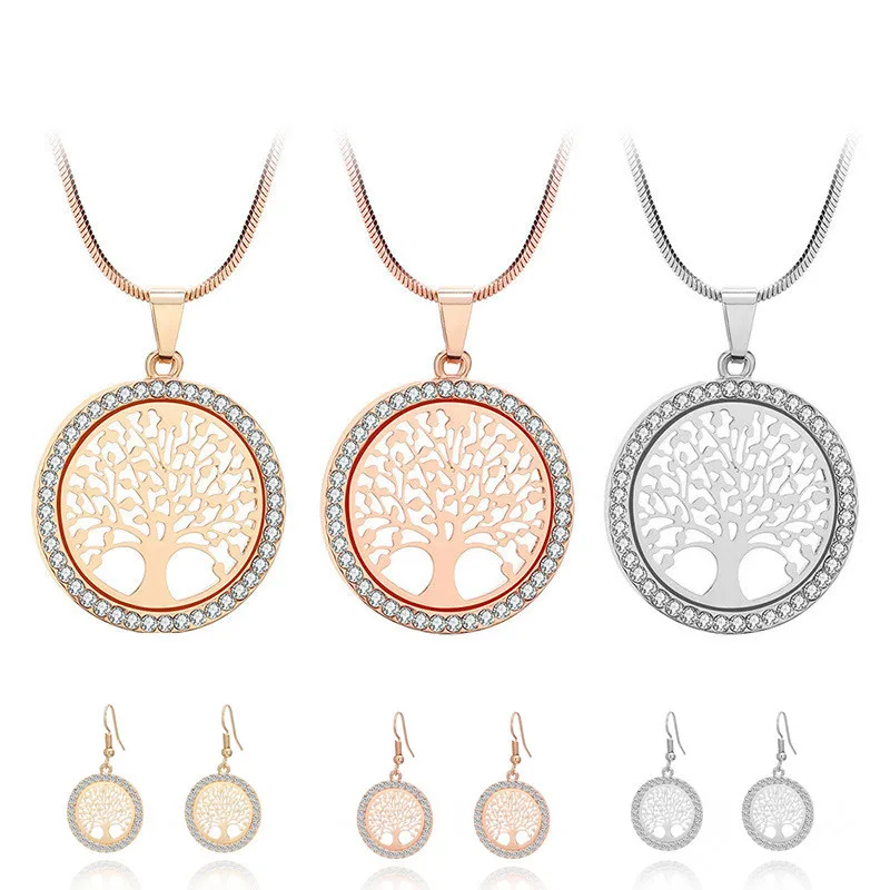

Tree of Life Crystal Round Small Pendant Earrings Necklace Set Gold Silver Colors Bijoux Collier Elegant Women Drop shipping