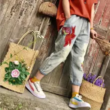 3 цвета Новые женские джинсовые брюки Весна Осень Модные свободные аппликации до середины икры брюки вышивка ковбойские женские брюки gx517