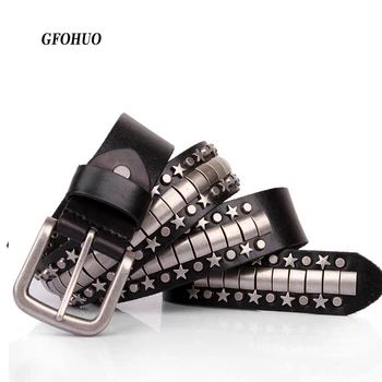 

GFOHUO 100% Genuine Leather Metal pin buckle men Belt Male Wide Cowhide Hiphop Rock Rivet belts for Men Ceinture Black