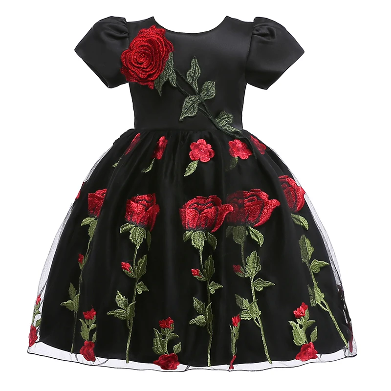 

Retail Embroidery Rose Flower Girls Formal Party Dress Elegant Short Sleeves Girls Black Frock Dress L5009