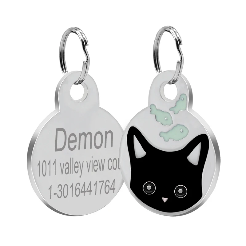 Loverly Anti-lost Stainless Steel Personalized Round Dog Tag Custom Cat Engraved Name Tags Cute Kitten Face ID Tags