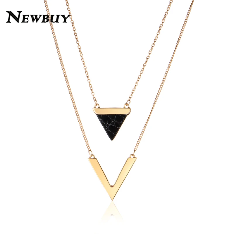 

NEWBUY 2017 Fashion Gold-Color Double Layers V Shape Pendant Necklace For Women Black/White Natural Stone Chain Necklace